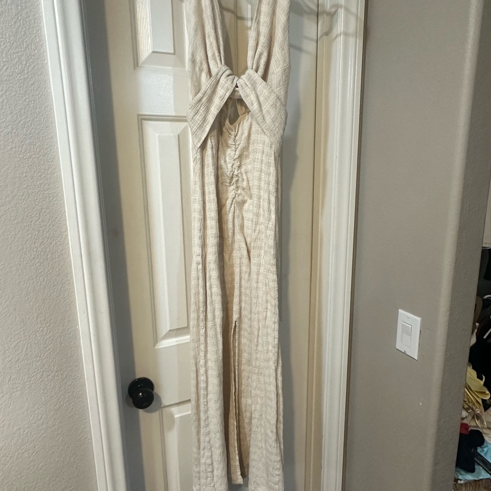Free People Cream Ribbed Knit Maxi Dress with Twist Front
